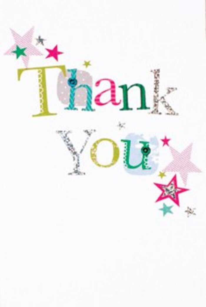 This thank you card exudes the quiet exuberance of a pleasant afternoon in Old Malden, its graceful composition of letters radiating a warm, sophisticated cheer. Each character of 'Thank You' brims with its own charm-some airy and playful with delicate dots and curves, others confidently elegant, painted in lime greens, shimmering silvers, and deep fuchsias. Clusters of stars, patterned with stripes of pink or awash in turquoise and silver, drift like gentle blessings along the message, much as laughter drifts from garden to garden during summer in Old Malden. The card feels modern and light, the stars and stitched accents animating the pristine white background and creating a sense of joyful movement. There's a tactile pleasure in tracing the raised textures, just as there's a joy in arranging seasonal blooms for a thoughtful thank you. Universally warm and quietly stylish, this card would pair perfectly with a bouquet from a trusted Old Malden florist, ready to brighten anyone's day with gratitude as vibrant and memorable as the landscapes surrounding High Street and Manor Drive.